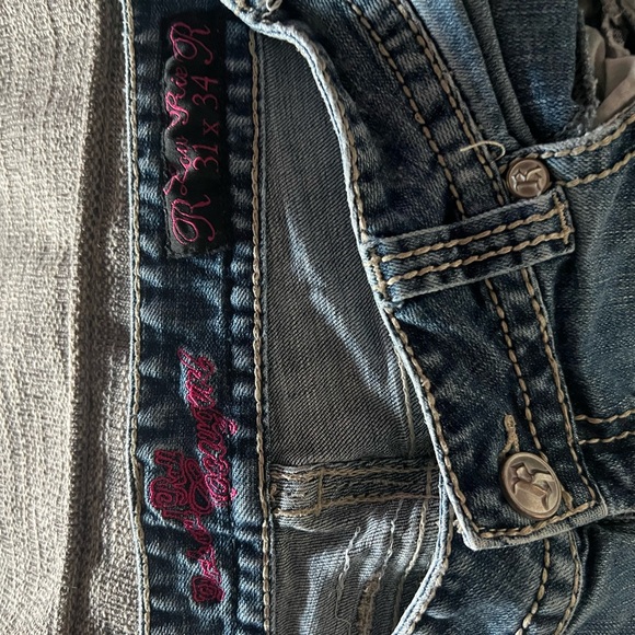 Rock & Roll Cowgirl Dark Blue Bootcut Jeans with Gold Sequin Trim - Picture 10 of 15